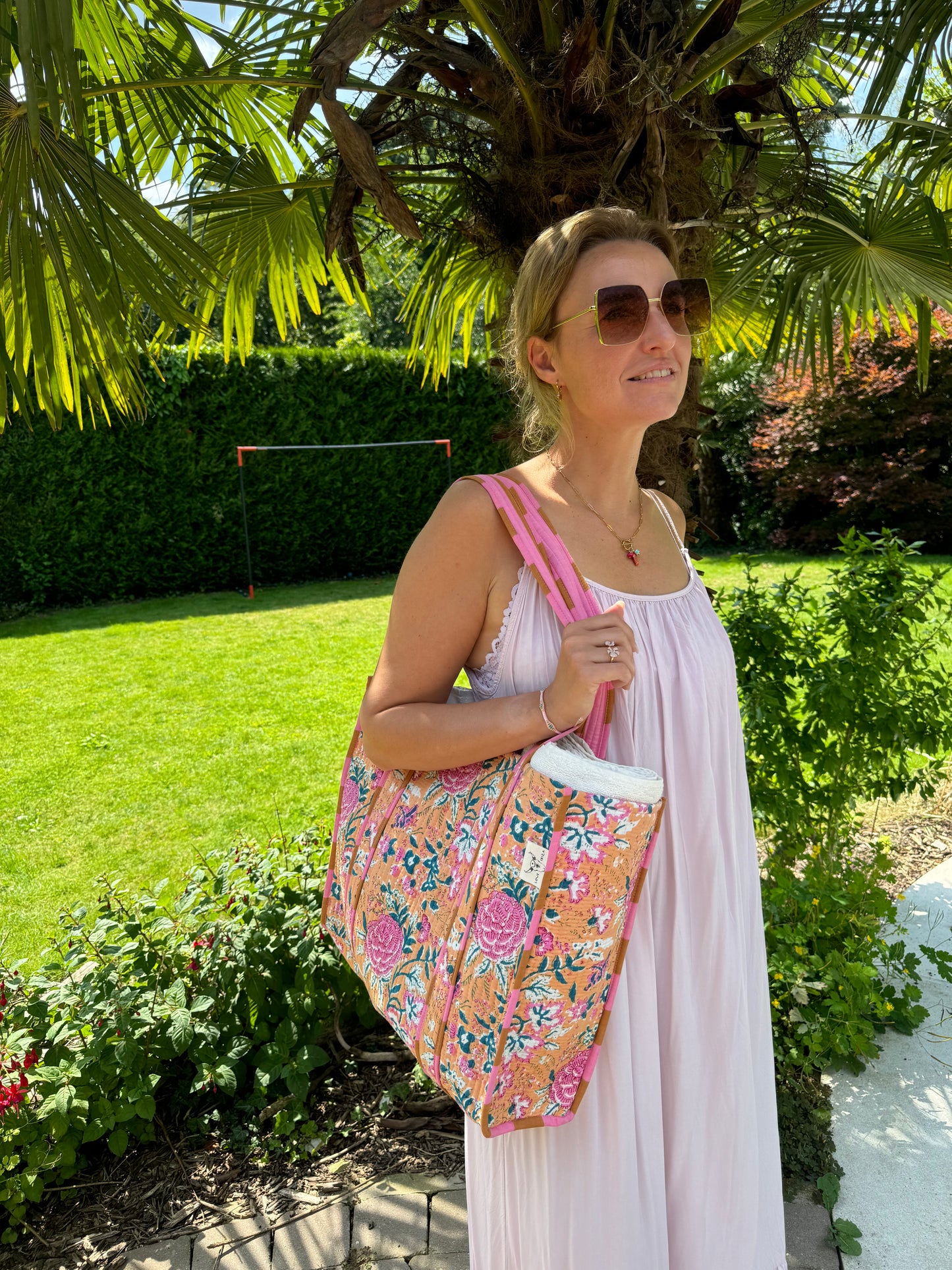 Blockprint schoudertas Peach pink